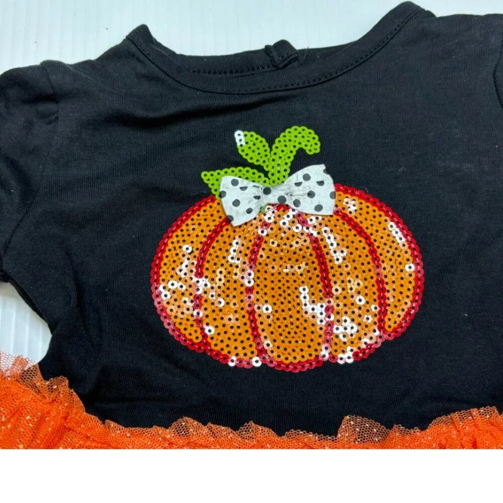 Pumpkin Halloween Dress, Leggings, Headband 24 months Black Orange 3 pc Girls
